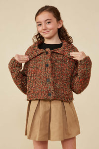 GY8349 Brown Mix Girls Multicolor Yarn Collared Button Sweater Cardigan Front