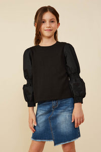 GY8350 Black Girls Mix Media Peasant Sleeve Knit Top Front