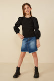 GY8350 Black Girls Mix Media Peasant Sleeve Knit Top Pose