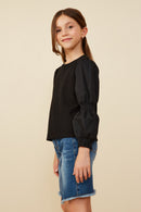 GY8350 Black Girls Mix Media Peasant Sleeve Knit Top Side