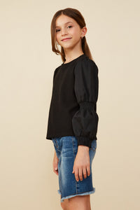 GY8350 Black Girls Mix Media Peasant Sleeve Knit Top Side
