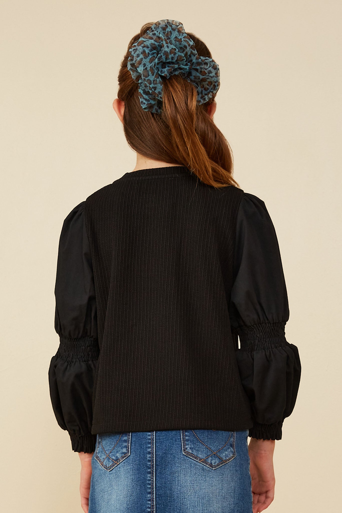 GY8350 Black Girls Mix Media Peasant Sleeve Knit Top Back