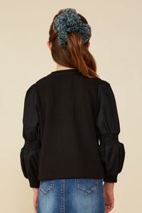 GY8350 Black Girls Mix Media Peasant Sleeve Knit Top Back