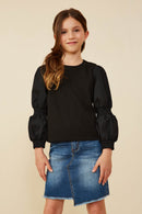 GY8350 Black Girls Mix Media Peasant Sleeve Knit Top Front 2