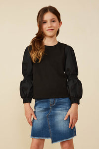 GY8350 Black Girls Mix Media Peasant Sleeve Knit Top Front 2