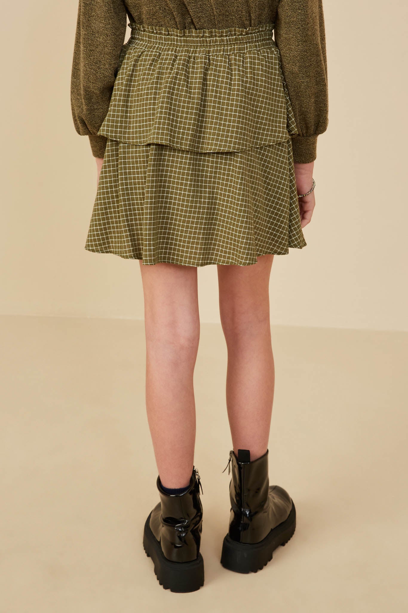 GY8357 Olive Girls Plaid Elastic Waist Tiered Skirt Back