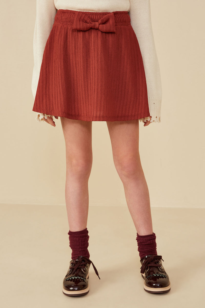 GY8365 Rust Girls Bow Detail Ribbed Knit Elastic Waist Skirt Front
