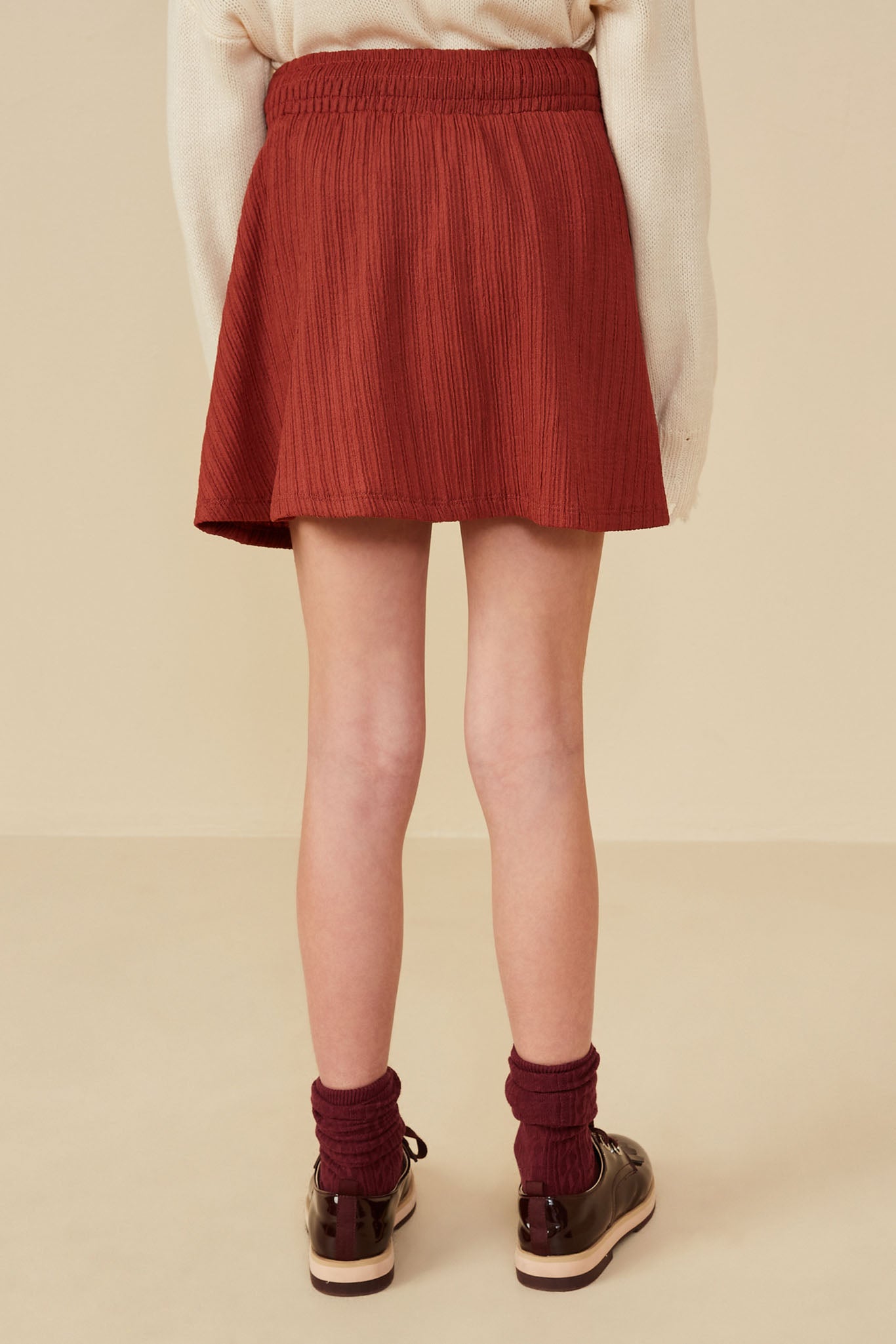 GY8365 Rust Girls Bow Detail Ribbed Knit Elastic Waist Skirt Back