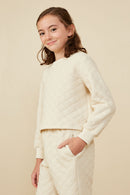 GY8370 Ivory Girls Quilted Knit Pullover Sweatshirt Side
