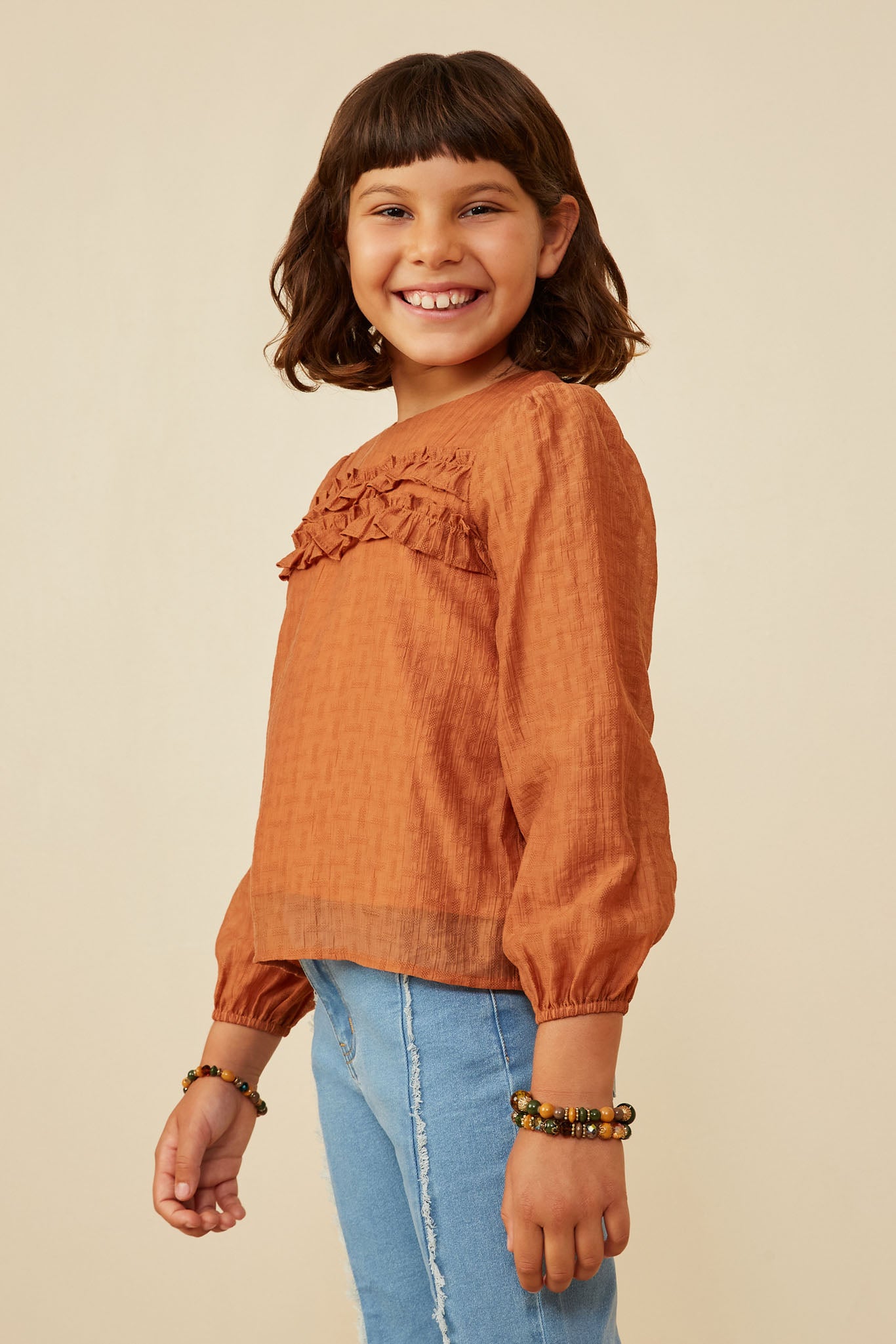 GY8371 Camel Girls Ruffle Detail Puff Sleeve Textured Top Side