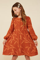 GY8379 Rust Girls Textured Tonal Botanical Print Button Up Dress Front