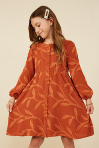 GY8379 Rust Girls Textured Tonal Botanical Print Button Up Dress Front