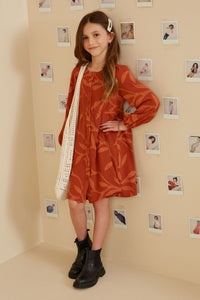 GY8379 Rust Girls Textured Tonal Botanical Print Button Up Dress Pose