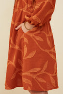 GY8379 Rust Girls Textured Tonal Botanical Print Button Up Dress Detail