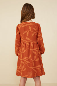 GY8379 Rust Girls Textured Tonal Botanical Print Button Up Dress Back