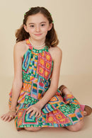 GY8389 Green Girls Halter Neck Patch Print Cotton Slub Dress Front