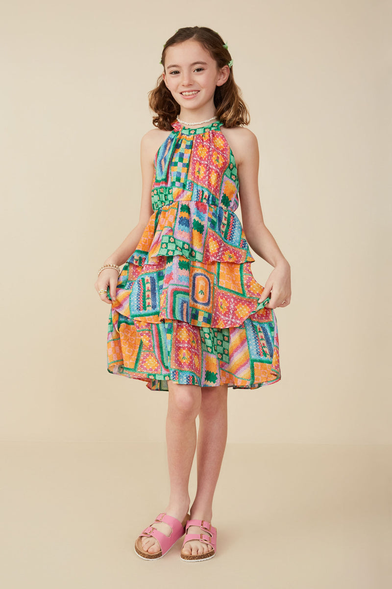 GY8389 Green Girls Halter Neck Patch Print Cotton Slub Dress Pose