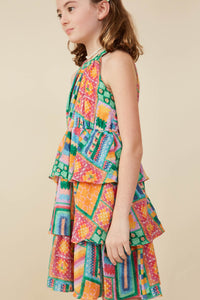 GY8389 Green Girls Halter Neck Patch Print Cotton Slub Dress Side