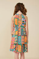 GY8389 Green Girls Halter Neck Patch Print Cotton Slub Dress Back