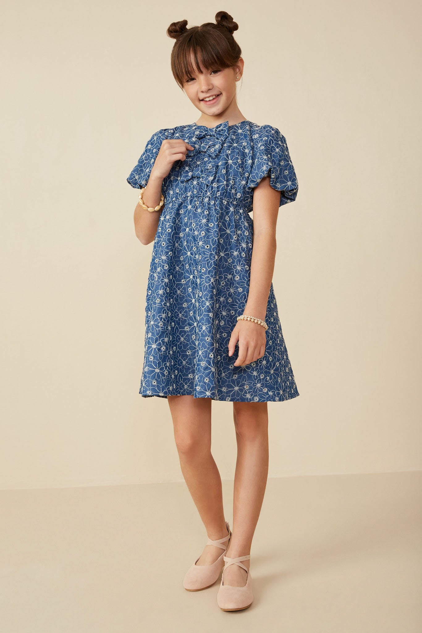 Triple Bow Detail Eyelet Floral Dress