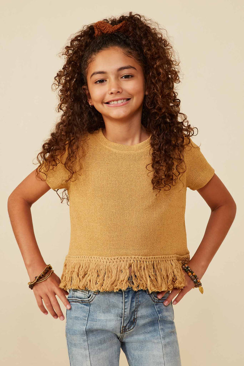 GY8429 Mustard Girls Fringed Tassel Hem Textured Knit Top Front