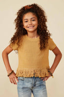 GY8429 Mustard Girls Fringed Tassel Hem Textured Knit Top Front