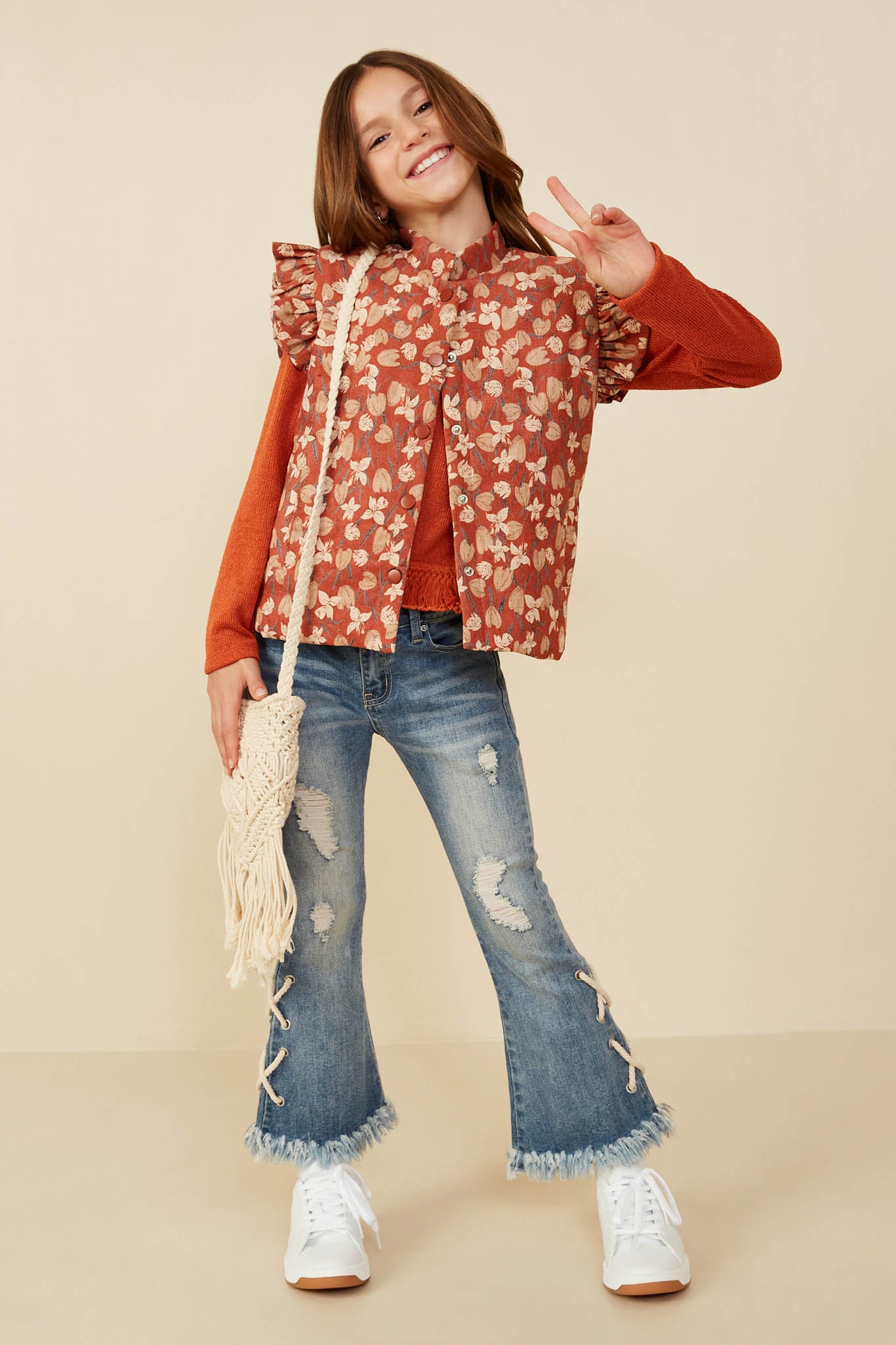 Padded Floral Print Ruffled Corduroy Vest