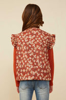GY8435 Rust Girls Padded Floral Print Ruffled Corduroy Vest Back