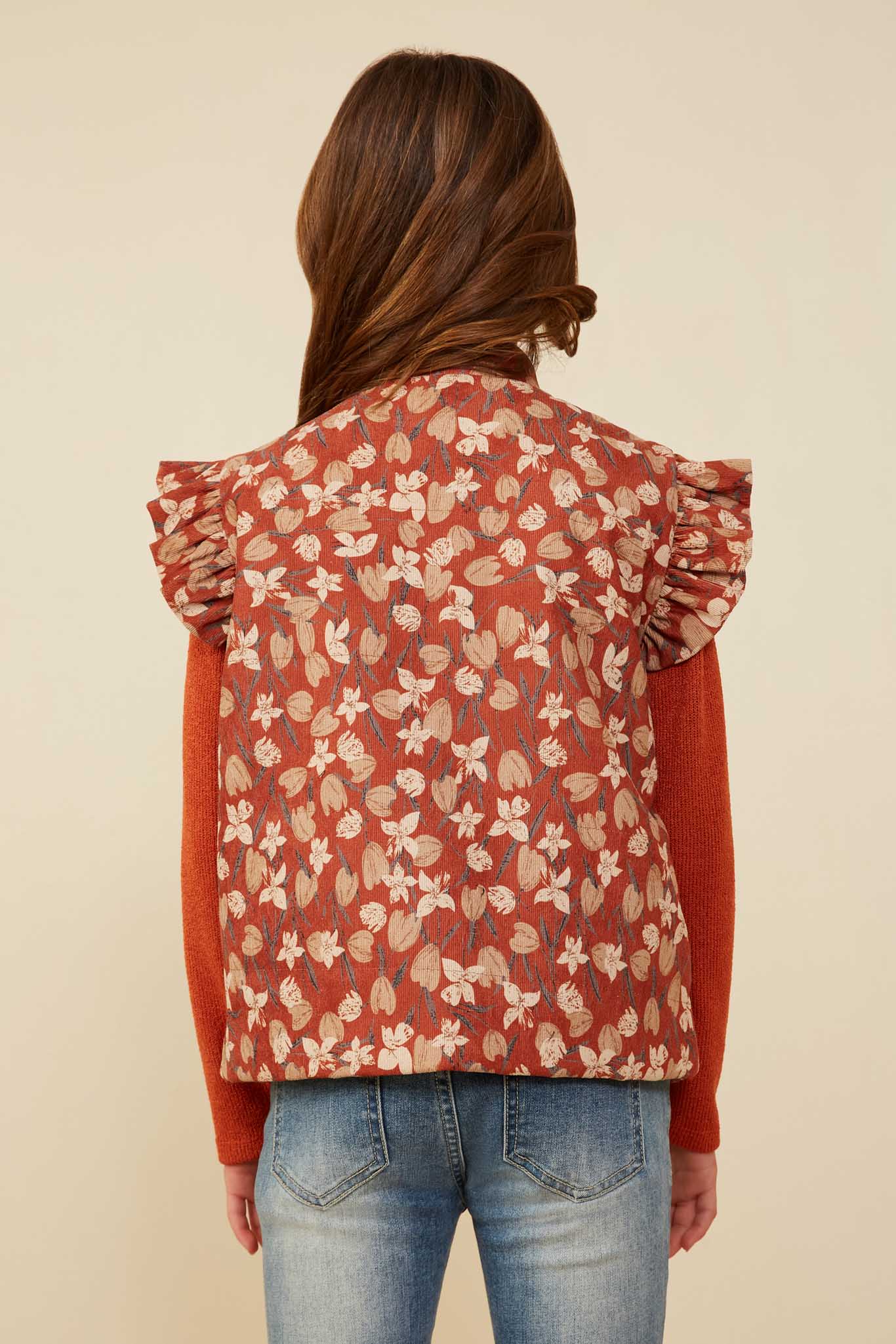GY8435 Rust Girls Padded Floral Print Ruffled Corduroy Vest Back