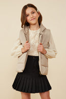 GY8436 Taupe Girls Padded Zip Up Hooded Vest Front