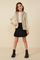 GY8436 Taupe Girls Padded Zip Up Hooded Vest Pose