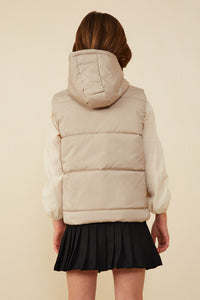 GY8436 Taupe Girls Padded Zip Up Hooded Vest Back
