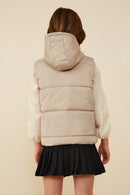 GY8436 Taupe Girls Padded Zip Up Hooded Vest Back
