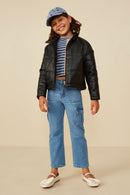 GY8437 Black Girls Faux Leather Jacket Pose