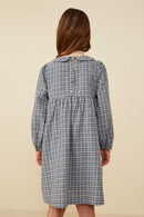 GY8442 Blue Girls Button Detail Peter Pan Collar Plaid Dress Back