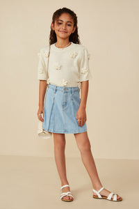 GY8451 Denim Girls Box Pleated Washed Denim Skirt