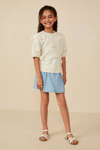 GY8509 Ivory Girls Hand Knit Floral Patch Sweater Top Pose
