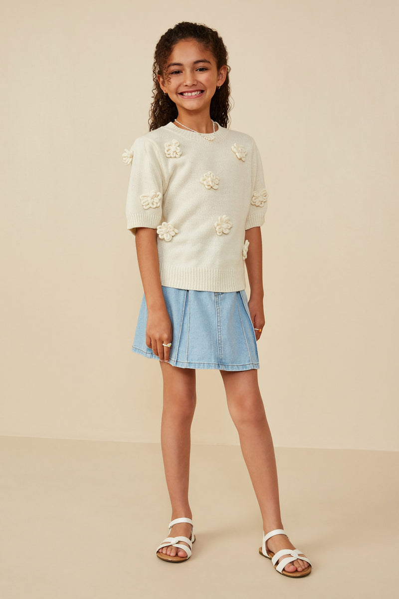 GY8509 Ivory Girls Hand Knit Floral Patch Sweater Top Pose