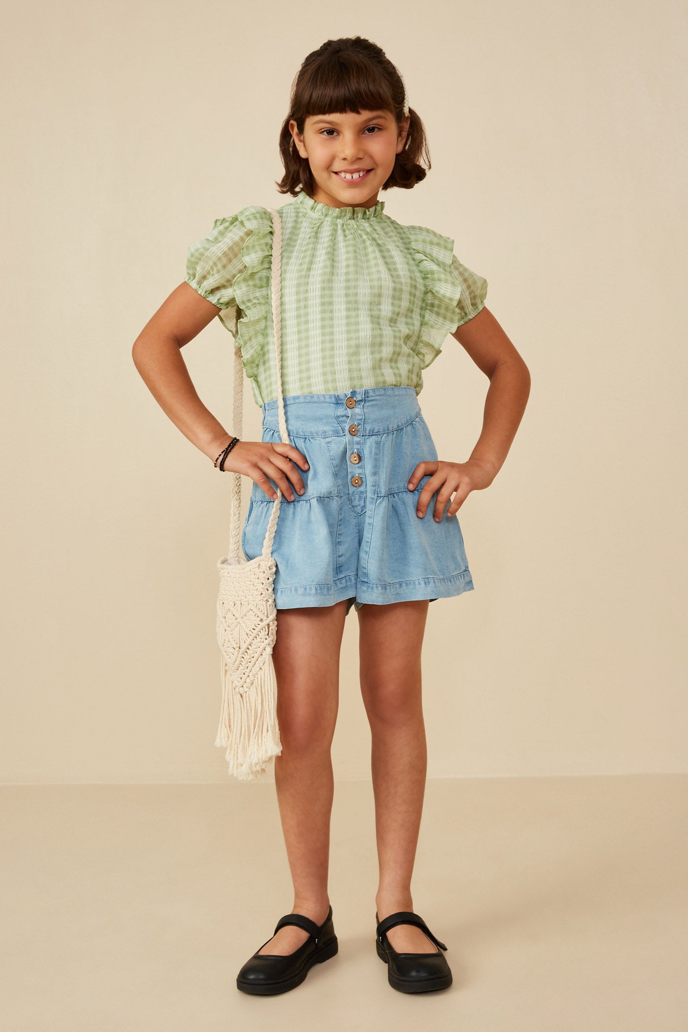 GY8518 Light Denim Girls Button Detail Tiered Wideleg Tencel Shorts Full Body