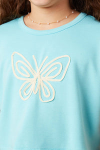 GY8533 Blue Girls Butterfly Embroidered French Terry Knit Top Detail