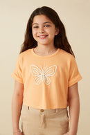GY8533 Peach Girls Butterfly Embroidered French Terry Knit Top Detail