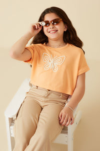 GY8533 Peach Girls Butterfly Embroidered French Terry Knit Top Pose 2