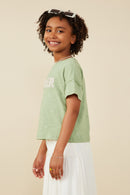 GY8539 Sage Girls Lover Verbiage Patch Raw Edge Detail T Shirt Side