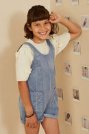 GY8542 Dusty Blue Girls Washed Patch Pocket Scoop Back Sleeveless Romper Pose