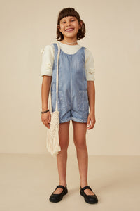 GY8542 Dusty Blue Girls Washed Patch Pocket Scoop Back Sleeveless Romper Front