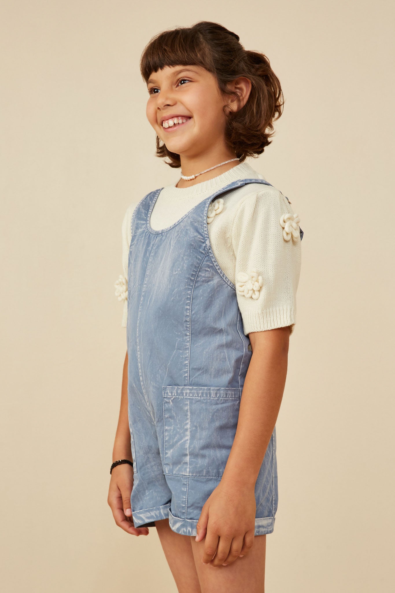 GY8542 Dusty Blue Girls Washed Patch Pocket Scoop Back Sleeveless Romper Side