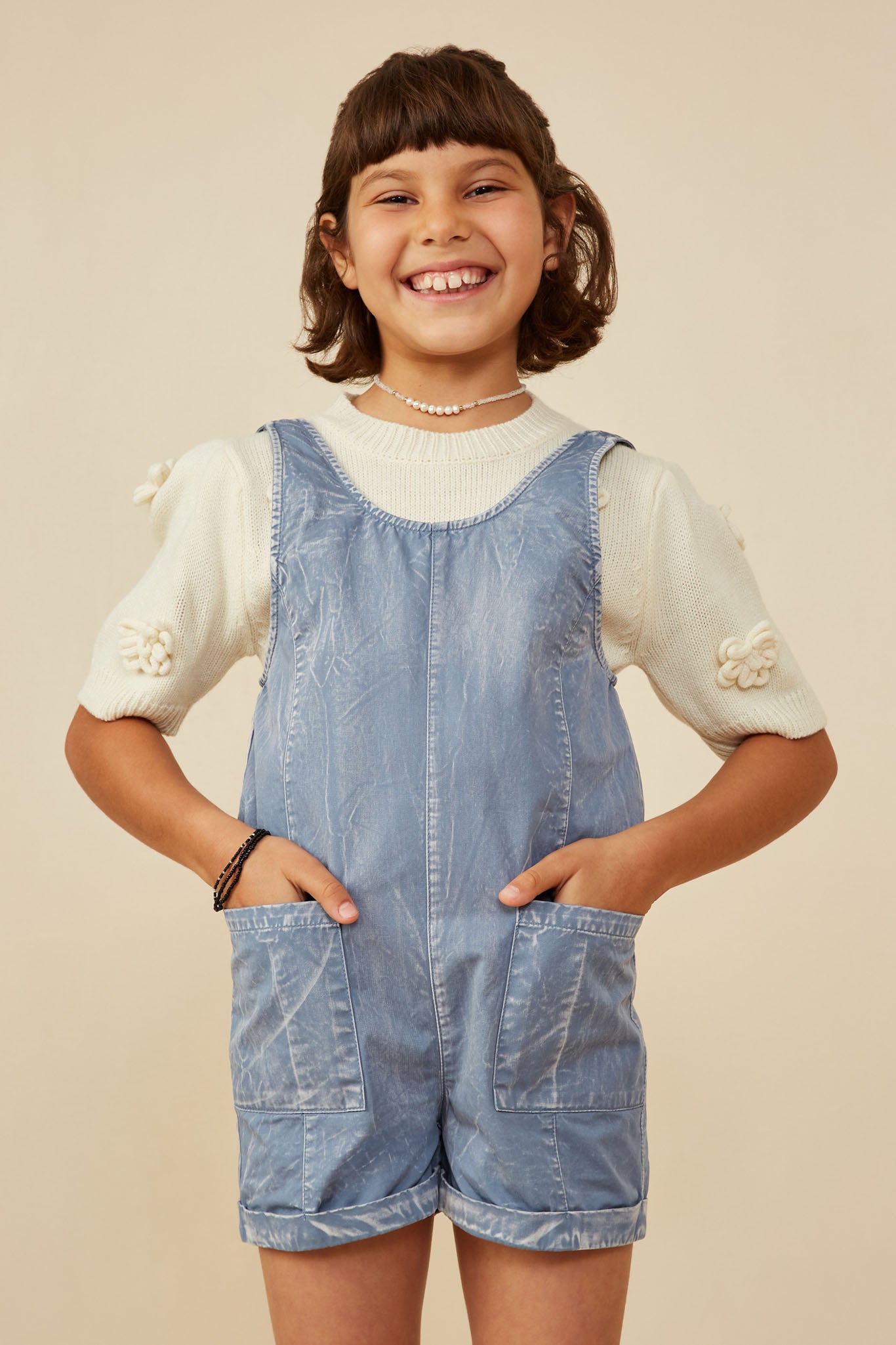 GY8542 Dusty Blue Girls Washed Patch Pocket Scoop Back Sleeveless Romper Front 2