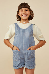 GY8542 Dusty Blue Girls Washed Patch Pocket Scoop Back Sleeveless Romper Front 2