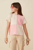 GY8546 Pink Girls Contrast Panel Jewel Studded Rib Knit Tee Front