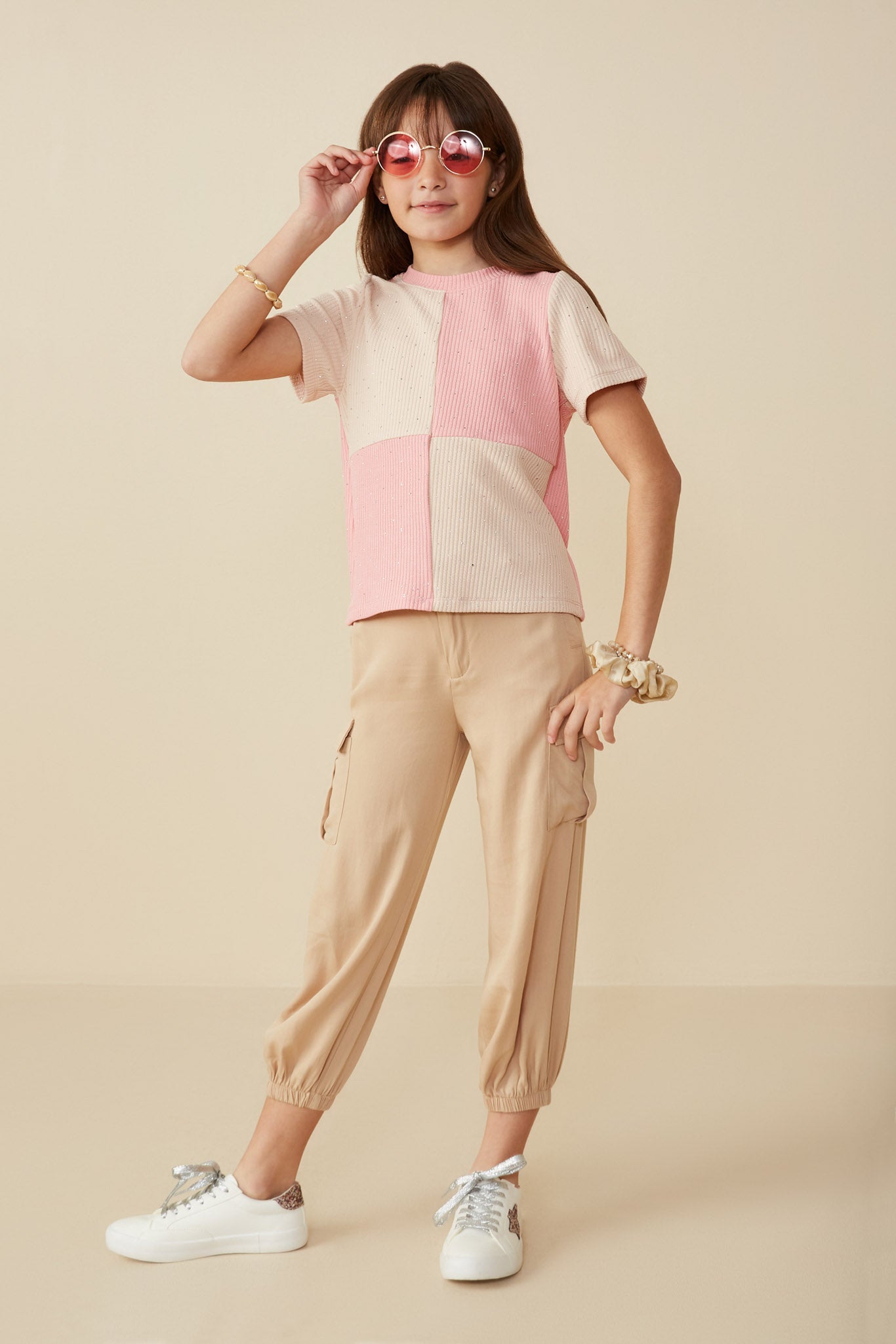 Girls Contrast Panel Jewel Studded Rib Knit Tee | Cute Girls